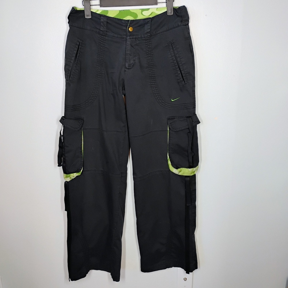 Vintage Nike Cargo Pants‎ Womens Small 4-6 Black Camo Wide Leg Y2K Urban Dri Fit